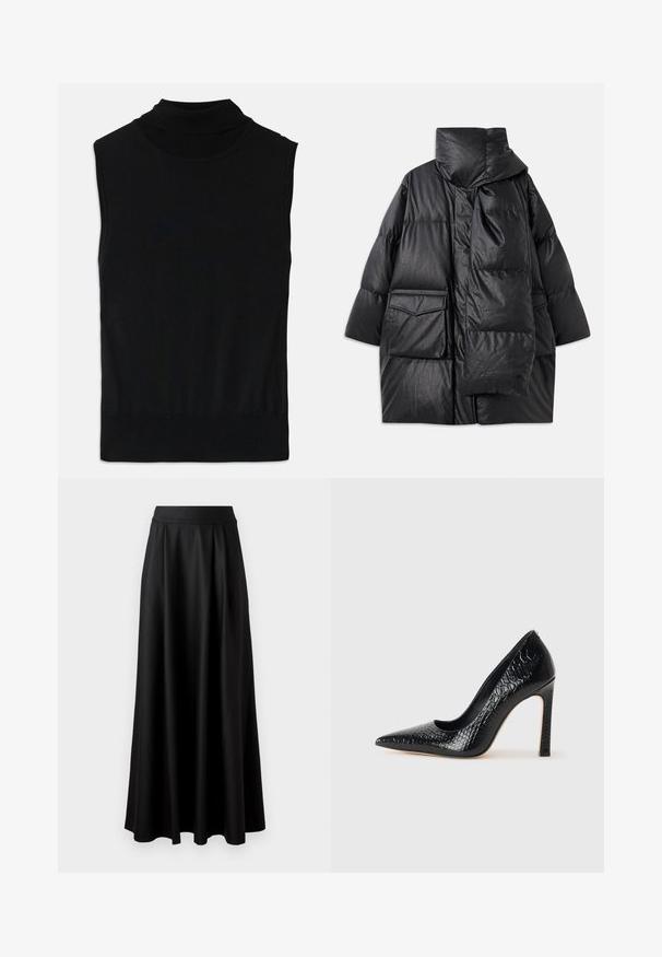 Melna pildīta jaka ar augstu apkakli, lielām kabatām un noņemamu šalli. Izgatavota no spīdīga, tekstūrāta materiāla ar brīvu piegriezumu.; Melnas bez piedurknēm adītas turtleneck blūzes ar ribotu apakšmalu un apkakli, izklāta uz baltā fona.; Melnas, grīdai pieguļošas svārki ar gludu tekstūru, platām jostām un pleitu dizainu, bez redzamām apdrukām vai rotājumiem.; Melni augstpapēžu apavi ar norādītu purngalu, ar krokodila ādas tekstūru, izceļoties ar elegantu dizainu, augstu stiletto papēdi un gludu melnu interjeru.