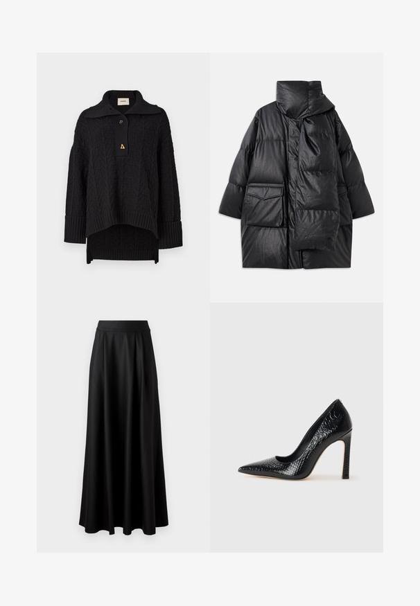 Černý prošívaný kabát s vysokým límcem, velkými kapsami a odnímatelným šátkem. Vyrobený z lesklého, strukturovaného materiálu s volným střihem.; Černý pletený pulovr s texturovaným vzorem, vysokým límcem a zapínáním na knoflíky. Hladké manžety a lem, se sýrovým zlatým akcentem.; Černá sukně až na podlahu s hladkou strukturou, širokým pasem a sklady, bez viditelných vzorů nebo ozdob.; Černý lodičkový bot s špičatou špičkou, pokrytý texturou krokodýlí kůže, s elegantním designem, vysokým stiletto podpatkem a hladkým černým interiérem.