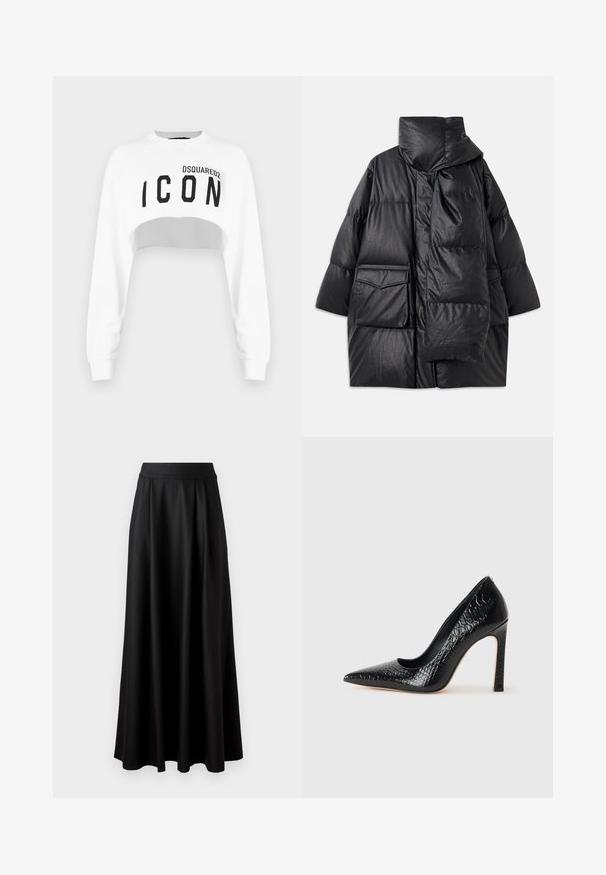 Cappotto imbottito nero con colletto alto, ampie tasche e sciarpa staccabile. Realizzato in materiale lucido e testurizzato, con un design svasato.; Sweatshirt bianco cropped con maniche lunghe, collo rotondo e logo nero "ICON" sulla parte anteriore. Realizzato in un tessuto morbido e liscio.; Gonna nera lunga fino al pavimento con una texture liscia, vita alta ampia e design plissè, priva di motivi visibili o decorazioni.; Scarpa nera con punta a punta alta in pelle di coccodrillo, caratterizzata da un design elegante, alto tacco a spillo e interno nero liscio.