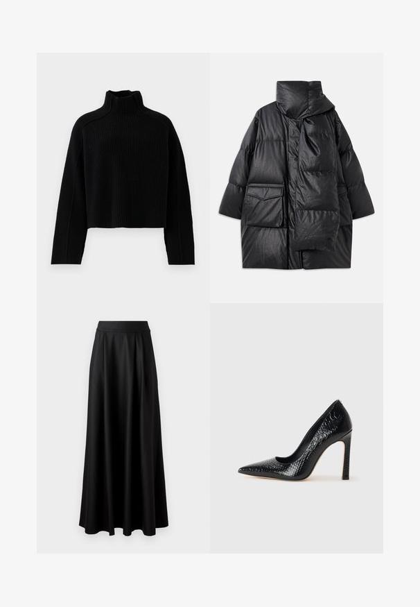 Casaco acolchoado preto com colarinho alto, grandes bolsos e um cachecol destacável. Feito de um material brilhante e texturizado, com um design de corte solto.; Sweater preto em malha canelada com gola alta e design cropped, apresentando mangas longas e um acabamento texturizado.; Saia preta, até ao chão, com uma textura suave, faixa larga na cintura e design plissado, apresentando nenhum padrão ou adornos visíveis.; Sapato de salto alto de bico fino preto com textura de pele de crocodilo, apresentando um design elegante, salto agulha alto e interior preto suave.