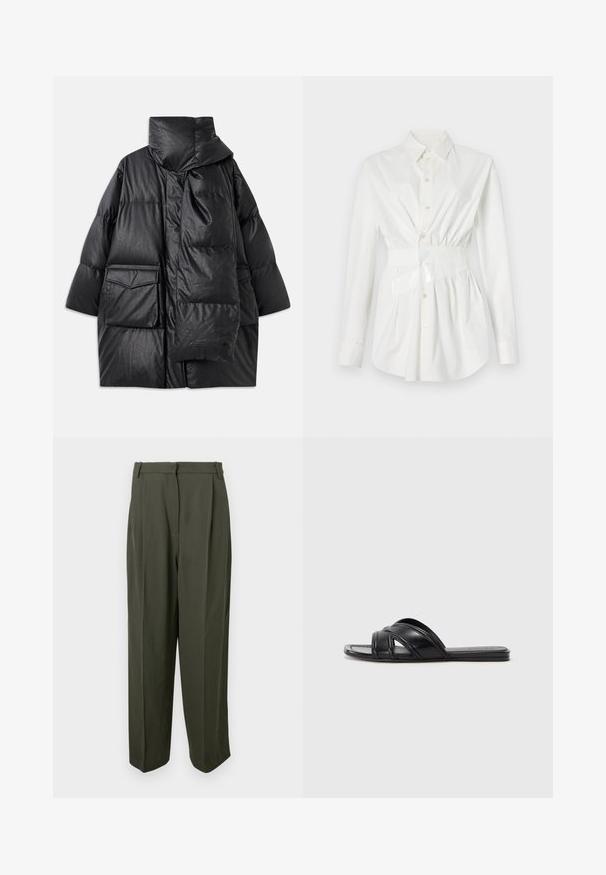 Must mustrikkidega must paks kork, millel on kõrge krae, suured taskud ja eemaldatav sall. Valmistatud läikivast, tekstuuriga materjalist, millel on vabalt langev disain.; Valge nööpidega särk pikade varrukatega, kitsa talje detailiga ja läikiva vöökinnitusega. Valmistatud siledast, kergekaalulisest kangast.; Oliivrohelised püksid, mis on valmistatud siledast kangast, kõrge talje, volditud ees ja laia säärega siluett. Ilma nähtavate taskute või kaunistusteta.; Mustad mustad sandaalid, millel on siledast nahast viimistlus, risti asetatud rihmad ja väljalõiked ning lame, paindlik tald.