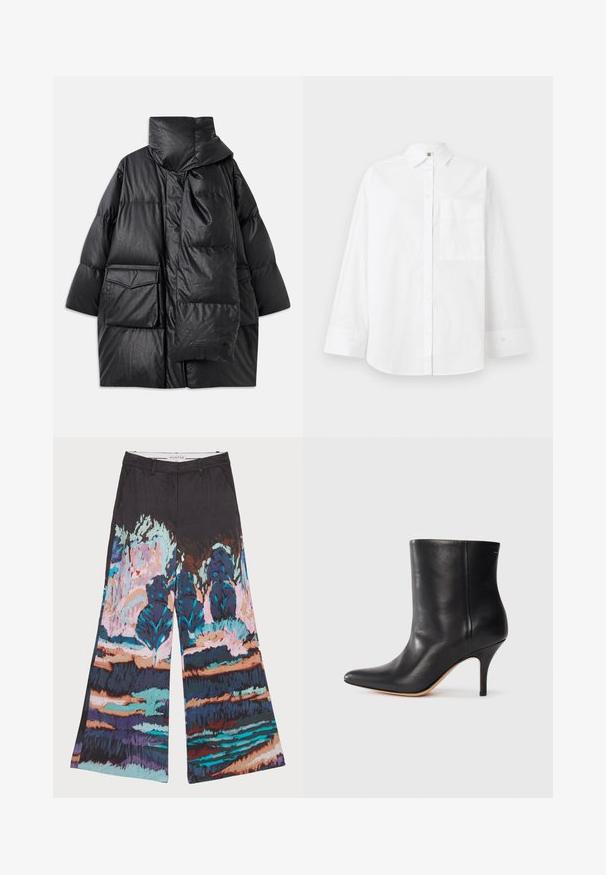 Zwarte gewatteerde jas met hoge kraag, grote zakken en een afneembare sjaal. Gemaakt van glanzend, gestructureerd materiaal met een losse pasvorm.; Witte overhemden van katoen. Voorzien van lange mouwen, een gecloeid nek en een enkele borstzak. Strakke textuur, klassiek ontwerp.; Zwarte wijde pijpen broek van stof met een kleurrijk, abstract landschap ontwerp in blauwtinten, roze en aardetinten. Soepele textuur.; Zwarte leren enkelboot met puntige neus, slanke stilettohak en een gladde textuur. Minimalistisch ontwerp zonder zichtbare hardware of accenten.