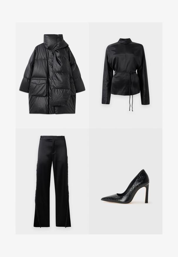 Črn podložen plašč z visokim ovratnikom, velikimi žepi in snemljivo ruto. Narejen iz sijočega, teksturiranega materiala z ohlapno zasnovo.; Črna satenska srajca z dolgimi rokavi in visokim ovratnikom, z zategnjeno pasom in nastavljivim detajlom s vrvico. Gladka tekstura z sijočim zaključkom.; Črne satenske hlače širokih nogavic, ki imajo čipkaste detajle ob stranskih šivih in ravno sprednjo pasnico. Enostavna hrbtna stran brez žepov.; Črne čevlje z visoko peto in konico v obliki puščice, z teksturo krokodilje kože, ki se ponašajo s sleek oblikovanjem, visokim stiletto peto in gladkim črnim notranjostjo.