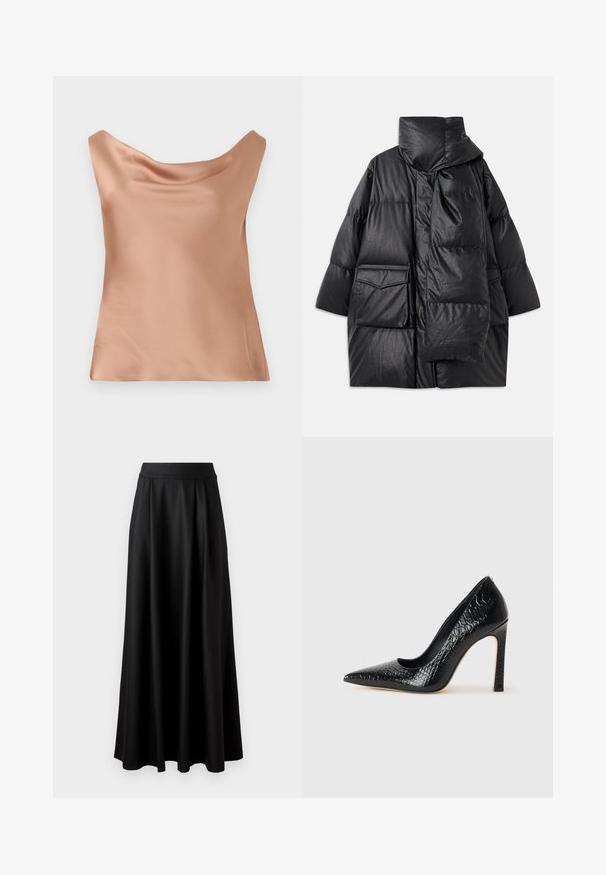 Fekete, párnázott kabát magas gallérral, nagy zsebekkel és levehető sállal. Fényes, textúrált anyagból készült, laza szabású.; Szatén női top világos őszibarack színben, laza fazonnal, kerek nyakkivágással és sima textúrával, tökéletes rétegezéshez vagy önálló viselethez.; Fekete, földig érő szoknya sima textúrával, széles derékrésszel és plisszézett dizájnnal, látható minták vagy díszítések nélkül.; Fekete hegyes orrú magassarkú cipő krokodilbőr textúrával, letisztult dizájnnal, magas tűsarkú és sima fekete belső résszel.