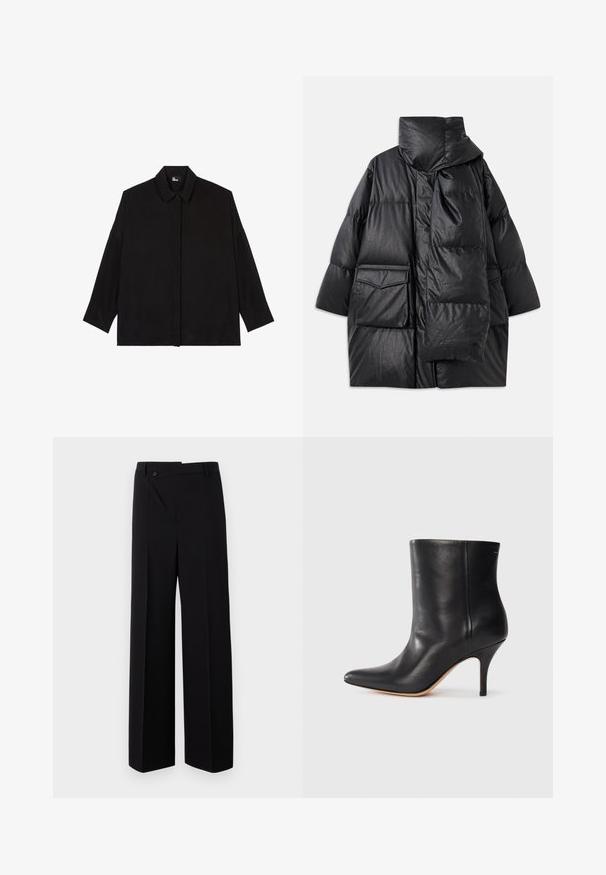 Black padded coat with high collar, large pockets, and a detachable scarf. Made of shiny, textured material with a loose-fitting design.; Black button-up shirt with a collar, long sleeves, and a relaxed fit. Constructed from a smooth, soft fabric with no visible patterns.; Black wide-leg trousers with a flat front, button closure, and smooth fabric texture. Features a straight cut and crisp lines.; Black leather ankle boot with pointed toe, slim stiletto heel, and smooth texture. Minimalist design with no visible hardware or accents.