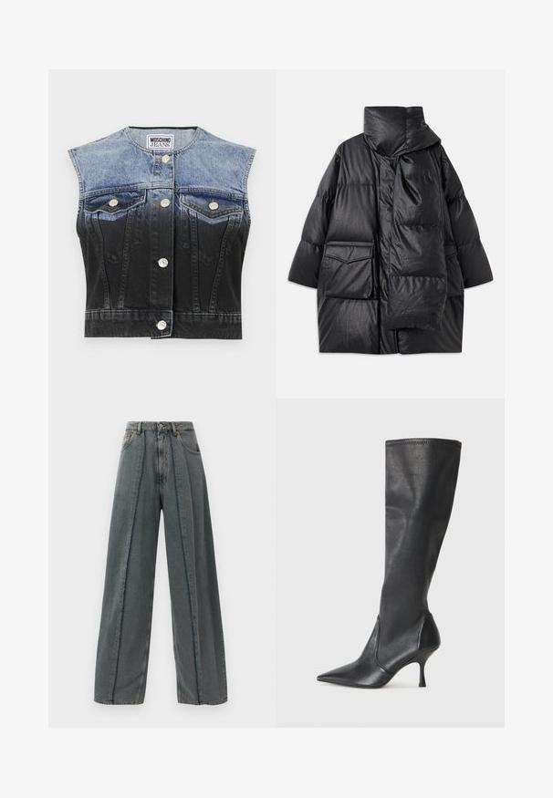 Must mustrikkidega must paks kork, millel on kõrge krae, suured taskud ja eemaldatav sall. Valmistatud läikivast, tekstuuriga materjalist, millel on vabalt langev disain.; Denim vest, millel on pleekinud sinisest mustani ombre efekt, ilma varrukateta disain, kaks rinna-taskut, hõbedased nupud ja kumer hem.; Laiades tumedates hallides teksapükstes kõrge vöökoht, koos frakitud õmblustega, mis jooksevad vertikaalselt allapoole ning klassikalise viie tasku disainiga.; Knee-high mustad nahksaapad terava nina ja kitsaste stiilsete kontsadega. Sile tekstuur sobiva disainiga ja õmblused ülemisel serval.