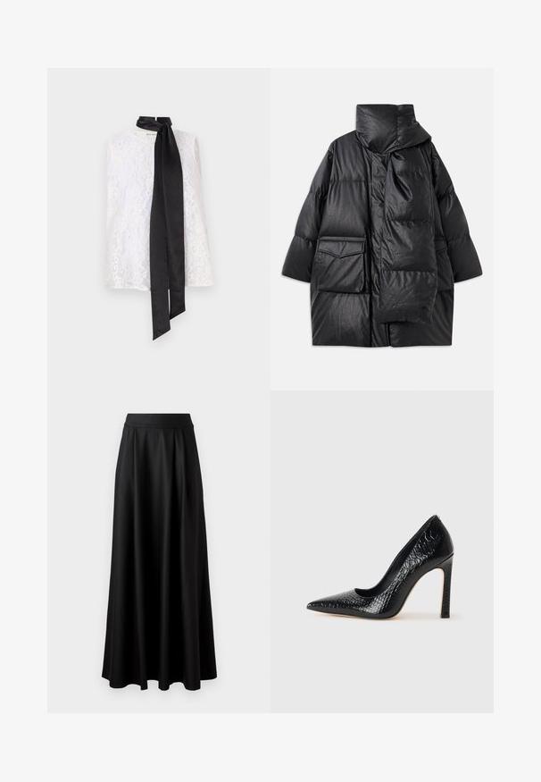 Schwarze gepolsterte Jacke mit hohem Kragen, großen Taschen und einem abnehmbaren Schal. Hergestellt aus glänzendem, strukturiertem Material mit einem lockeren Schnitt.; Weißes Spitzenshirt mit hohem Kragen und einem schwarzen Satinschleifenband am Kragen. Aufwendiges Spitzenmuster und glatte Textur.; Schwarzer, bodenlanger Rock mit glatter Textur, weitem Bund und plissiertem Design, ohne sichtbare Muster oder Verzierungen.; Schwarzer, spitz zulaufender High Heel mit Krokodilleder-Struktur, elegantem Design, hohem Stiletto-Absatz und glattem schwarzen Innenraum.