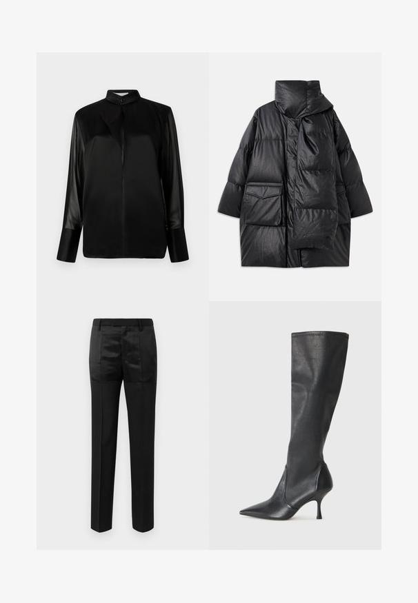 Black padded coat with high collar, large pockets, and a detachable scarf. Made of shiny, textured material with a loose-fitting design.; Black blouse with a stand-up collar, long sheer sleeves, bow tie detail at the neck, made of smooth satin fabric, front button closure.; Black tailored trousers with straight legs and a waistband with belt loops, featuring a mix of matte and shiny fabric panels.; Knee-high black leather boots with a pointed toe and a slim stiletto heel. Smooth texture with a fitted design and stitching at the top edge.