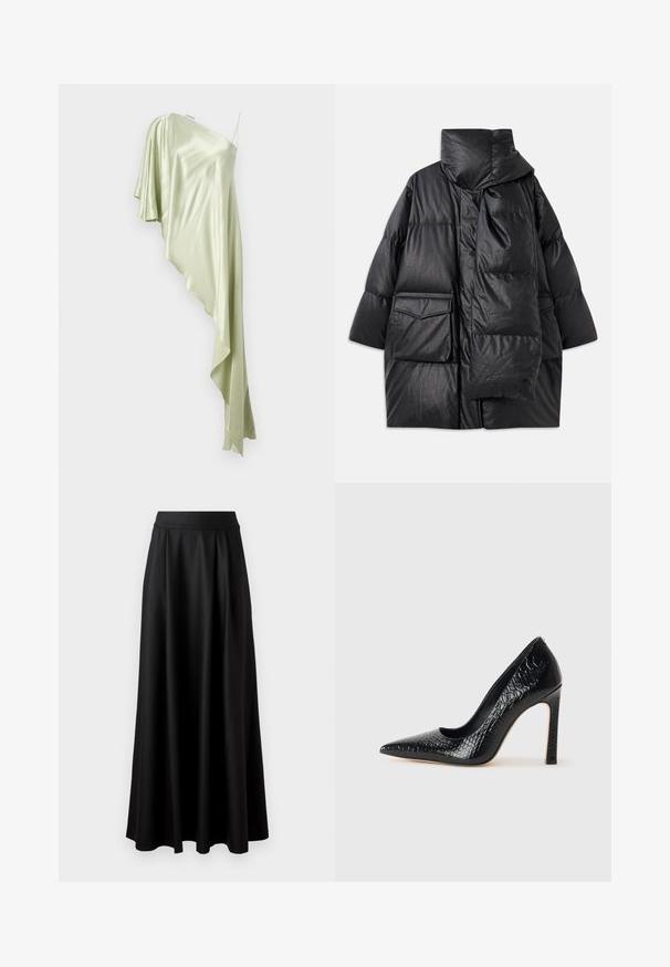 Fekete, párnázott kabát magas gallérral, nagy zsebekkel és levehető sállal. Fényes, textúrált anyagból készült, laza szabású.; Egyszerű vállú, világoszöld selyemruha, amely aszimmetrikus, redőzött kialakítással és puha, áramlós anyaggal rendelkezik.; Fekete, földig érő szoknya sima textúrával, széles derékrésszel és plisszézett dizájnnal, látható minták vagy díszítések nélkül.; Fekete hegyes orrú magassarkú cipő krokodilbőr textúrával, letisztult dizájnnal, magas tűsarkú és sima fekete belső résszel.