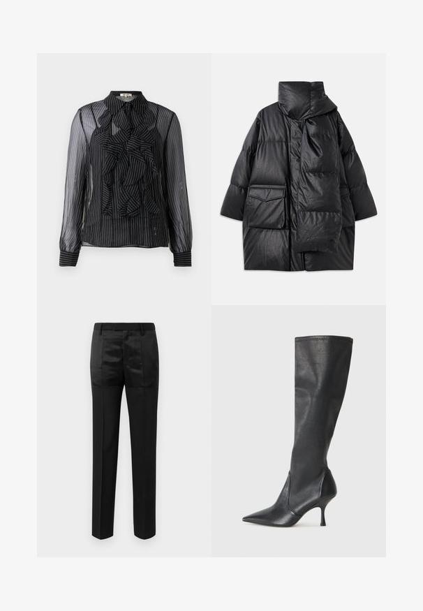 Cappotto imbottito nero con colletto alto, ampie tasche e sciarpa staccabile. Realizzato in materiale lucido e testurizzato, con un design svasato.; Camicia nera trasparente con righe verticali bianche, dettaglio frontale arricciato, maniche lunghe e colletto standard. Morbido al tatto con chiusure a bottone.; Pantaloni neri su misura con gamba dritta e una vita con passanti per cintura, caratterizzati da un mix di pannelli di tessuto opaco e lucido.; Stivali neri in pelle al ginocchio con punta affusolata e tacco a stiletto sottile. Texture liscia con design aderente e cuciture lungo il bordo superiore.