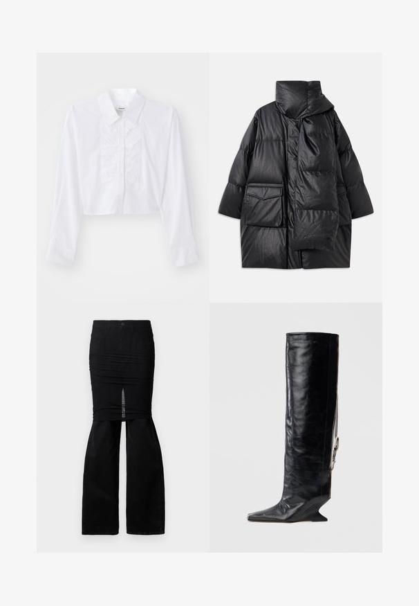 Sort polstret frakke med høj krave, store lommer og et aftageligt tørklæde. Lavet af skinnende, struktureret materiale med en løs pasform.; Beskarvet hvid skjorte lavet af glat bomuld, der har en foran rynket detalje, spids krave og lange ærmer med knaplukninger.; Sorte denimbukser med vedhæftet sort skræddersyet mini-nederdel med slid foran, præsenteret på en hvid baggrund.; Knæhøj sort læderstøvle med spids snude, unik kilehæl og kædeudsmykning på siden. Glat tekstur med en blank finish.