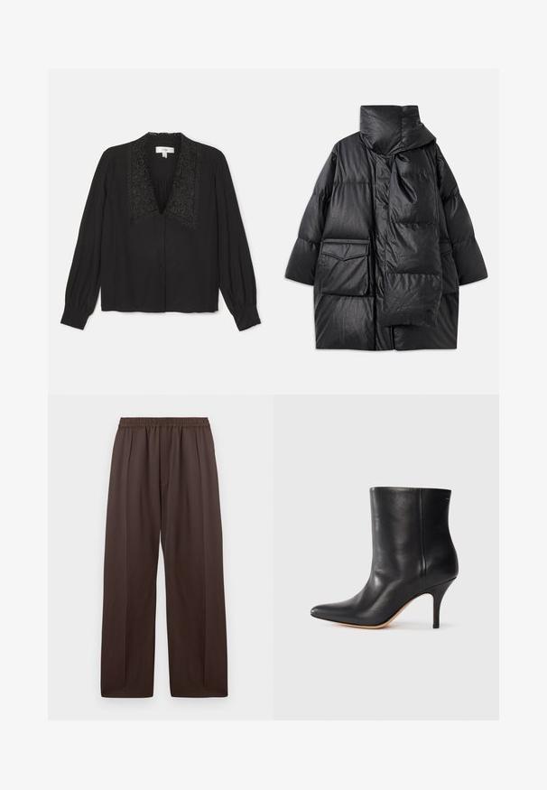 Manteau noir rembourré avec un col haut, de grandes poches et une écharpe amovible. Fabriqué en matériau brillant et texturé avec une coupe ample.; Blouse noire à manches longues, avec un col brodé décoratif, une fermeture à boutons à l'avant et un détail froncé au niveau de la poitrine. Texture lisse.; Pantalons amples marron avec taille élastique et plis avant subtils, présentés à plat sur un fond blanc.; Bottine en cuir noir à bout pointu, avec un talon aiguille fin et une texture lisse. Design minimaliste sans matériel ou accents visibles.
