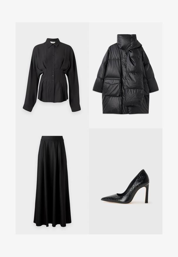 Schwarze gepolsterte Jacke mit hohem Kragen, großen Taschen und einem abnehmbaren Schal. Hergestellt aus glänzendem, strukturiertem Material mit einem lockeren Schnitt.; Schwarzes Langarmshirt aus glattem Stoff, mit einer durchgehenden Knopfleiste, abgerundetem Saum und gerafften Details an der Taille für eine taillierte Passform.; Schwarzer, bodenlanger Rock mit glatter Textur, weitem Bund und plissiertem Design, ohne sichtbare Muster oder Verzierungen.; Schwarzer, spitz zulaufender High Heel mit Krokodilleder-Struktur, elegantem Design, hohem Stiletto-Absatz und glattem schwarzen Innenraum.