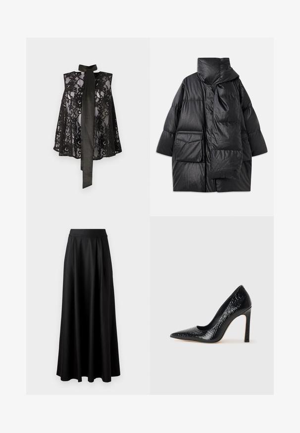 Musta vuorattu takki korkealla kauluksella, suurilla taskuilla ja irrotettavalla huivilla. Valmistettu kiiltävästä, tekstuurista materiaalista, jossa on väljä istuvuus.; Mustat pitsitoppi, jossa on hihaton muotoilu ja kaulakello. Pitsissä on kukkakuoseja ja läpikuultava tekstuuri, mikä luo elegantin ilmeen.; Mustat, lattiapituinen hame, jossa on sileä pinta, leveä vyötäröosa ja plissoitu muotoilu, ilman näkyviä kuvioita tai koristeita.; Musta kapea nilkkakorkokenkä krokotiilin nahkakuviolla, joka on varustettu tyylikkäällä muotoilulla, korkealla stiletto-korkealla ja sileällä mustalla sisäosalla.