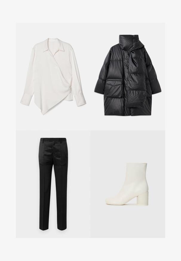 Must mustrikkidega must paks kork, millel on kõrge krae, suured taskud ja eemaldatav sall. Valmistatud läikivast, tekstuuriga materjalist, millel on vabalt langev disain.; Valge pikade varrukatega pakkeshirt, millel on terav hem, valmistatud siledast kangast. Selles on klassikaline krae ja mansetid.; Mustad ülikondpüksid sirgete jalgadega ja vöökoht, millel on vööaasad, koos mattide ja läikivate kangaste paneelidega.; Valge nahast pahkluusaapad ümarate varvastega ja jämeda tsilindrilise kontsaga. Sile pind, minimaalne disain, ei ole nähtavat riistvaraga või mustreid.