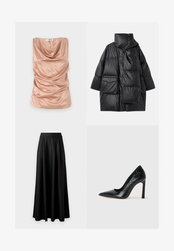 Black padded coat with high collar, large pockets, and a detachable scarf. Made of shiny, textured material with a loose-fitting design.; Cowl-neck, sleeveless top in soft, blush satin fabric with gathered details along the sides and a straight hem. Features a back zipper.; Black, floor-length skirt with a smooth texture, wide waistband, and pleated design, featuring no visible patterns or embellishments.; Black pointed-toe high heel shoe with a crocodile-skin texture, featuring a sleek design, high stiletto heel, and smooth black interior.
