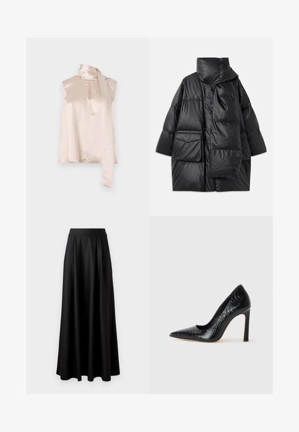 Black padded coat with high collar, large pockets, and a detachable scarf. Made of shiny, textured material with a loose-fitting design.; Satin sleeveless top in pale pink with a keyhole neckline and an attached draped scarf detail on the shoulder. Smooth texture, minimalist design.; Black, floor-length skirt with a smooth texture, wide waistband, and pleated design, featuring no visible patterns or embellishments.; Black pointed-toe high heel shoe with a crocodile-skin texture, featuring a sleek design, high stiletto heel, and smooth black interior.