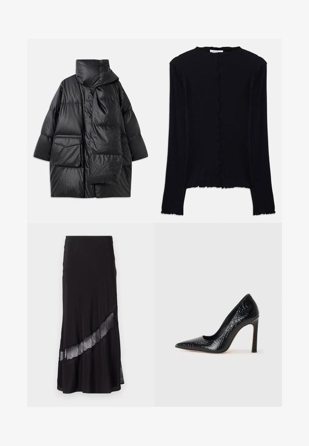 Abrigo acolchado negro con cuello alto, grandes bolsillos y un bufanda desmontable. Hecho de un material brillante y texturizado con un diseño holgado.; Top negro de manga larga hecho de un tejido suave. Presenta un escote y un dobladillo con forma de ondas, con un diseño simple y ajustado. Sin adornos adicionales.; Falda negra de tela suave, con un inserto de encaje diagonal en el dobladillo. Diseño acampanado con un ligero brillo.; Zapato de tacón alto negro con punta afilada y textura de piel de cocodrilo, que presenta un diseño elegante, un alto tacón de aguja y un interior negro suave.