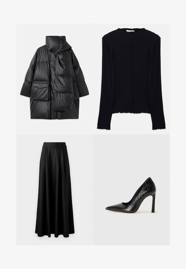 Black padded coat with high collar, large pockets, and a detachable scarf. Made of shiny, textured material with a loose-fitting design.; Black long-sleeve top made of soft fabric. Features a scalloped neckline and hem, with a simple, fitted design. No additional embellishments.; Black, floor-length skirt with a smooth texture, wide waistband, and pleated design, featuring no visible patterns or embellishments.; Black pointed-toe high heel shoe with a crocodile-skin texture, featuring a sleek design, high stiletto heel, and smooth black interior.