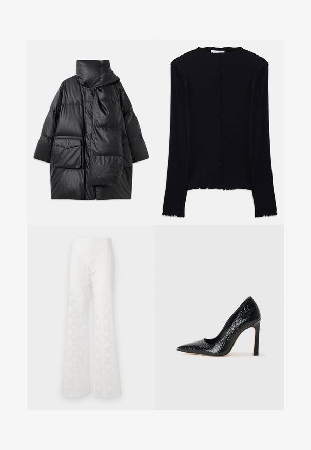 Černý prošívaný kabát s vysokým límcem, velkými kapsami a odnímatelným šátkem. Vyrobený z lesklého, strukturovaného materiálu s volným střihem.; Černý dlouhý rukáv top vyrobený z měkké látky. Má kulatý výstřih a lem s vlnitým zakončením, s jednoduchým, přiléhavým designem. Žádné další ozdoby.; Bílé rozšířené kalhoty z texturované tkaniny s diamantovým vzorem. Pas je hladký, bez viditelného kování nebo akcentů.; Černý lodičkový bot s špičatou špičkou, pokrytý texturou krokodýlí kůže, s elegantním designem, vysokým stiletto podpatkem a hladkým černým interiérem.