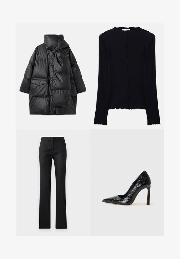 Černý prošívaný kabát s vysokým límcem, velkými kapsami a odnímatelným šátkem. Vyrobený z lesklého, strukturovaného materiálu s volným střihem.; Černý dlouhý rukáv top vyrobený z měkké látky. Má kulatý výstřih a lem s vlnitým zakončením, s jednoduchým, přiléhavým designem. Žádné další ozdoby.; Černé, přiléhavé kalhoty s hladkou texturou, mírně lesklým povrchem a rovnými nohavicemi. Bez viditelného kovového spojení nebo vzorů.; Černý lodičkový bot s špičatou špičkou, pokrytý texturou krokodýlí kůže, s elegantním designem, vysokým stiletto podpatkem a hladkým černým interiérem.