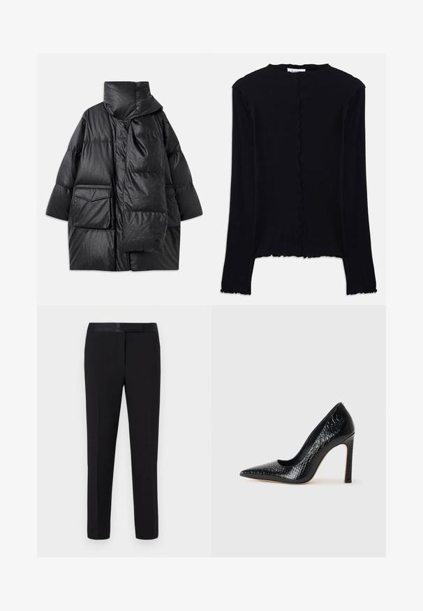 Juodas paminkštintas paltas su aukštu apykakle, didelėmis kišenėmis ir nuimama šaliku. Pagamintas iš blizgaus, tekstūruoto audinio su laisva pritaikymo forma.; Juodas ilgomis rankovėmis viršus, pagamintas iš minkštos medžiagos. Patrauklus skeltas iškirpė ir kraštas, su paprastu, prigludusiu dizainu. Nėra papildomų papuošimų.; Juodi kelnes su lygiu paviršiumi, tiesaus kirpimo dizainu ir satino juosmeniu. Jų detalės yra minimalios, be matomų raštų ar akcentų.; Juoda smailiakulnė aukšto kulno bateliai su krokodilo odos tekstūra, pasižymintys elegantišku dizainu, aukštu stiletu kulnu ir lygia juoda vidine dalimi.