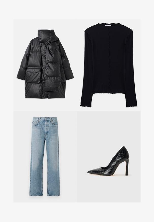 Musta vuorattu takki korkealla kauluksella, suurilla taskuilla ja irrotettavalla huivilla. Valmistettu kiiltävästä, tekstuurista materiaalista, jossa on väljä istuvuus.; Musta pitkähiha paita, joka on valmistettu pehmeästä kankaasta. Siinä on aaltoileva kaula-aukko ja helma, sekä yksinkertainen, vartaloa myötäilevä muotoilu. Ei lisäkoristeluja.; Vaaleansiniset farkut korkealla vyötäröllä, leveällä lahkeella ja viiden taskun muotoilulla. Sisältää napin, ja niissä on hieno haalistuminen.; Musta kapea nilkkakorkokenkä krokotiilin nahkakuviolla, joka on varustettu tyylikkäällä muotoilulla, korkealla stiletto-korkealla ja sileällä mustalla sisäosalla.