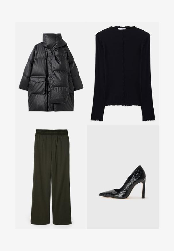 Sort polstret frakke med høj krave, store lommer og et aftageligt tørklæde. Lavet af skinnende, struktureret materiale med en løs pasform.; Sort langærmet top lavet af blødt stof. Har en scalloperet halsudskæring og kant, med et enkelt, tætsiddende design. Ingen yderligere dekorationer.; Mørkegrønne bukser med brede ben, som har en glat tekstur, elastisk liv, og ingen synlige mønstre eller accenter.; Sorte spidse tå stiletto-sko i krokodilleskind med et strømlinet design, høj hæl og glat sort inderside.