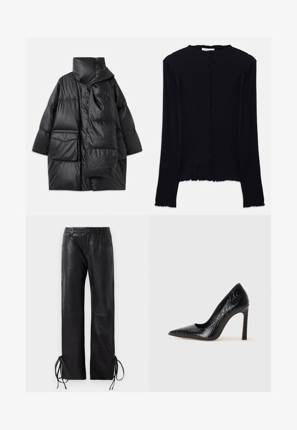Czarna pikowana kurtka z wysokim kołnierzem, dużymi kieszeniami i odpinanym szalikiem. Wykonana z błyszczącego, strukturalnego materiału o luźnym kroju.; Czarna bluzka z długim rękawem, wykonana z miękkiego materiału. Posiada falbaniasty dekolt i dół, z prostym, dopasowanym krojem. Bez dodatkowych ozdób.; Czarne skórzane spodnie z lekką teksturą, proste nogawki oraz regulowane sznurki na dole, umożliwiające dostosowanie dopasowania.; Czarne szpilki z ostrym noskiem, pokryte teksturą skóry krokodyla, charakteryzujące się eleganckim wzornictwem, wysokim obcasem w stylu stiletto oraz gładkim czarnym wnętrzem.
