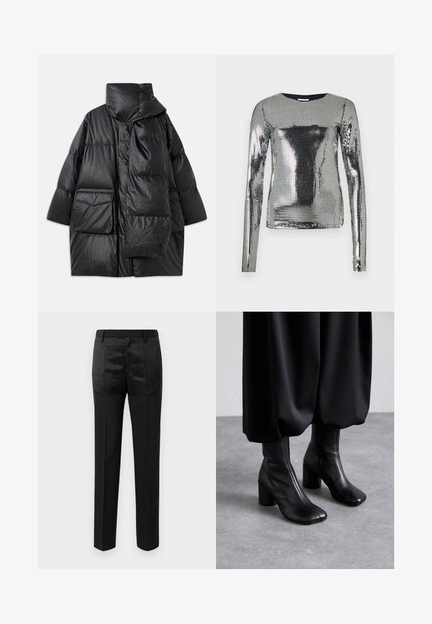 Černý prošívaný kabát s vysokým límcem, velkými kapsami a odnímatelným šátkem. Vyrobený z lesklého, strukturovaného materiálu s volným střihem.; Stříbrný top s dlouhými rukávy pokrytý malými reflexními flitry, kulatý výstřih, přiléhavý střih, hladká textura, s rovnoměrným lesklým povrchem.; Černé kalhoty na míru se rovnými nohavicemi a pasem s poutky na opasek, které se vyznačují kombinací matných a lesklých panelů tkaniny.; MM6 Maison Margiela Kotníková obuv na vysokém podpatku - black