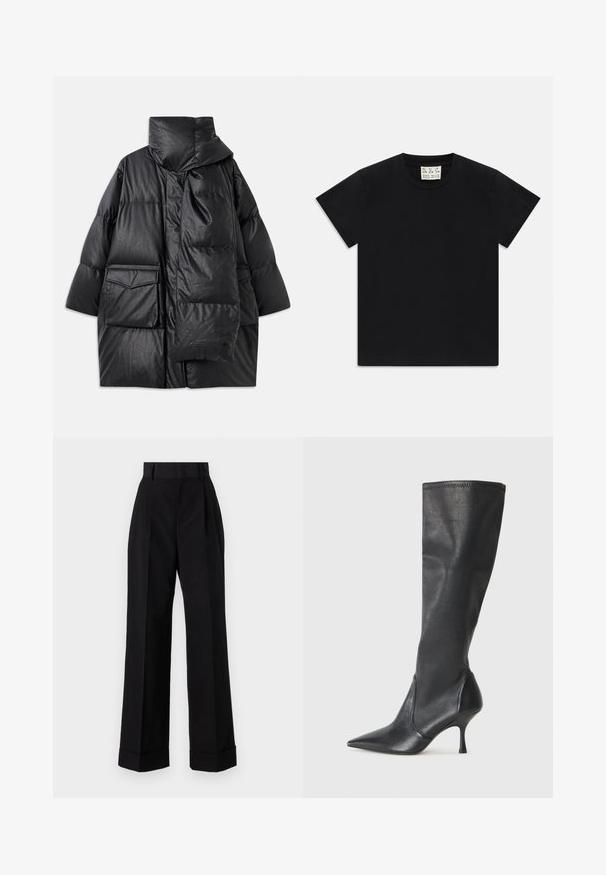Casaco acolchoado preto com colarinho alto, grandes bolsos e um cachecol destacável. Feito de um material brilhante e texturizado, com um design de corte solto.; Camiseta preta de manga curta com decote redondo e uma etiqueta branca dentro do colarinho rotulada "D.R.C. EST. 2002" sobre um fundo branco.; Calças pretas de cintura alta feitas de algodão. Apresentam um design de perna larga, pregas e punhos dobrados. Textura suave, sem padrões ou acessórios visíveis.; Botas de couro pretas até ao joelho, com bico apontado e um salto stiletto fino. Textura suave com design ajustado e costura na borda superior.