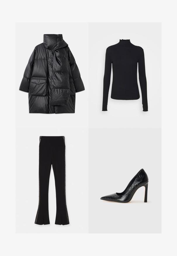 Juodas paminkštintas paltas su aukštu apykakle, didelėmis kišenėmis ir nuimama šaliku. Pagamintas iš blizgaus, tekstūruoto audinio su laisva pritaikymo forma.; Juodas ilgomis rankovėmis turtleneko tipo viršus, pagamintas iš lygaus audinio, su raukšlėtu kaklu ir prigludusia siluetu, turinčiu paprastus kraštus.; Juodos plačios kelnės su lygiu paviršiumi, turinčios dekoratyvinius metalinius elementus abiejose pusėse ir skyles apatinėje dalyje.; Juoda smailiakulnė aukšto kulno bateliai su krokodilo odos tekstūra, pasižymintys elegantišku dizainu, aukštu stiletu kulnu ir lygia juoda vidine dalimi.