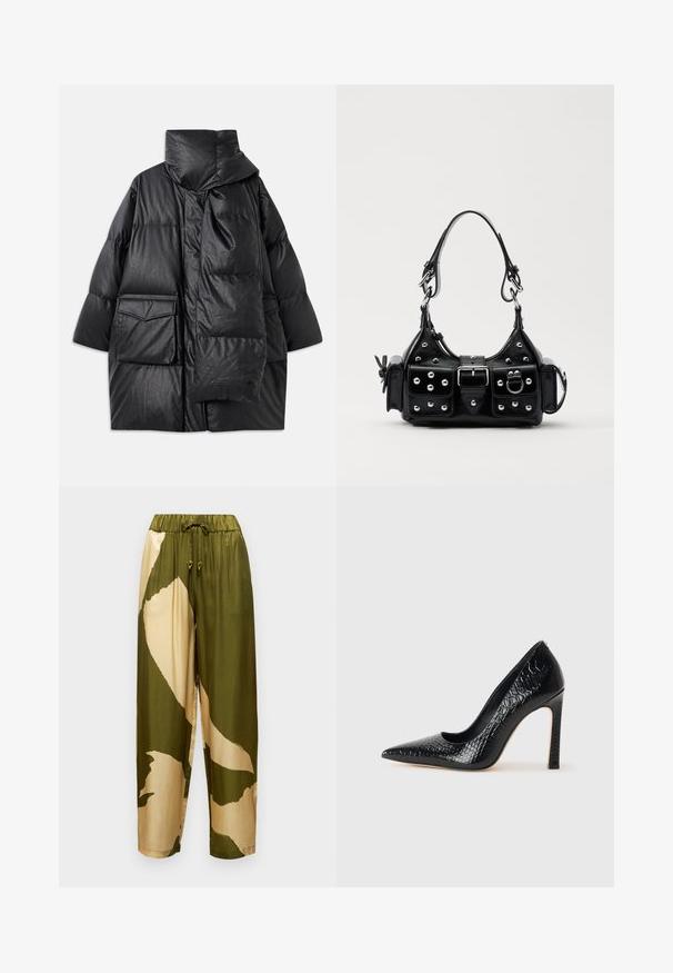 Must mustrikkidega must paks kork, millel on kõrge krae, suured taskud ja eemaldatav sall. Valmistatud läikivast, tekstuuriga materjalist, millel on vabalt langev disain.; Must kannus varrukatega turtleneck, mis on valmistatud siledast kangast, koos rippuvate kraede ja liibuva siluetiga, millel on lihtsad servad.; Satiinist püksid, millel on oliivroheline ja beež abstraktne muster, elastne vöökoht koos nööriga ning kitsenevad sääred.; Mustan teravaotsaga kõrge kontsaga king, millel on krokodillimustriga tekstuur, stiilne disain, kõrge stilettokonts ja sile must sisesisustus.; Must värvi nahast käekott, millel on kaarjas disain, hõbedased nupukesed, kinnitusahe ja kaks külgtaskut. Reguleeritav rihm erinevate kandmisvõimaluste jaoks.