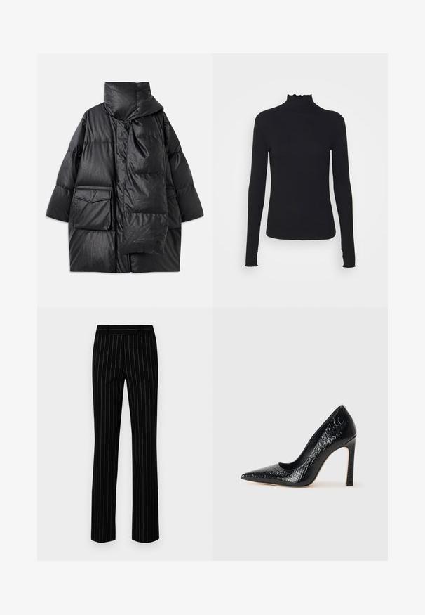 Manteau noir rembourré avec un col haut, de grandes poches et une écharpe amovible. Fabriqué en matériau brillant et texturé avec une coupe ample.; Haut à manches longues noir en col roulé, fabriqué en tissu lisse, présentant un col volanté et une silhouette ajustée avec des bords simples.; Pantalons noirs sur mesure avec des rayures verticales dorées et blanches. Fabriqués en tissu lisse, avec une coupe droite et une taille classique.; Escarpin noir à bout pointu avec texture en cuir de crocodile, présentant un design élégant, un haut talon aiguille et un intérieur noir lisse.