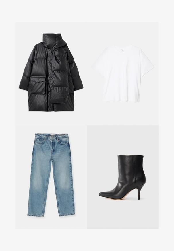Czarna pikowana kurtka z wysokim kołnierzem, dużymi kieszeniami i odpinanym szalikiem. Wykonana z błyszczącego, strukturalnego materiału o luźnym kroju.; Biała bawełniana koszulka z krótkim rękawem, okrągłym dekoltem, luźnym krojem i przeszytym brzegiem. Metka widoczna wewnątrz dekoltu.; Jasnoniebieskie jeansy straight-leg o wypłowiałym wykończeniu, z pięcioma kieszeniami, szlufkami na pasek oraz zapięciem na zamek błyskawiczny. Materiał denimsowy z bawełny.; Czarne skórzane botki za kostkę z wyciągniętym noskiem, smukłym obcasem w stylu stiletto i gładką teksturą. Minimalistyczny design bez widocznych elementów metalowych czy akcentów.