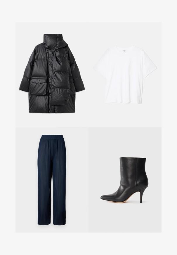Casaco acolchoado preto com colarinho alto, grandes bolsos e um cachecol destacável. Feito de um material brilhante e texturizado, com um design de corte solto.; T-shirt de algodão branco com mangas curtas, decote redondo, corte descontraído e bainha cosida. Etiqueta visível no interior do pescoço.; Calças largas de marinha feitas de tecido plissado, com um cós elástico e uma textura suave, desenhadas para conforto e facilidade de movimento.; Botim de tornozelo em pele preta com biqueira pontiaguda, salto fino em stiletto e textura suave. Design minimalista sem hardware ou detalhes visíveis.