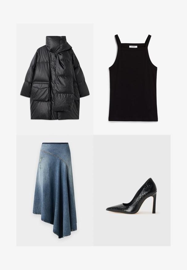 Casaco acolchoado preto com colarinho alto, grandes bolsos e um cachecol destacável. Feito de um material brilhante e texturizado, com um design de corte solto.; Camisola preta de alças finas em tecido canelado, com corte reto e uma etiqueta no decote que diz "IVY OAK."; Saia envolvente de denim em degradê de azul claro a escuro, com um design floral bordado de um lado e detalhes de costura visíveis nas bordas.; Sapato de salto alto de bico fino preto com textura de pele de crocodilo, apresentando um design elegante, salto agulha alto e interior preto suave.