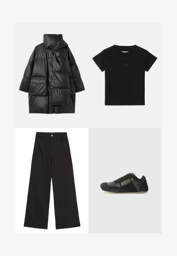 Casaco acolchoado preto com colarinho alto, grandes bolsos e um cachecol destacável. Feito de um material brilhante e texturizado, com um design de corte solto.; T-shirt preta de algodão com mangas curtas, decote redondo e uma pequena estampa gráfica numa tonalidade mais clara na frente.; Calças largas pretas em denim, com cintura alta, bolsos frontais e um único botão de metal na cintura, textura suave.; Sapatilha atlética preta, feita de camurça e materiais de couro. Apresenta um bico arredondado, fecho de cordões, detalhes texturizados e uma sola flexível.