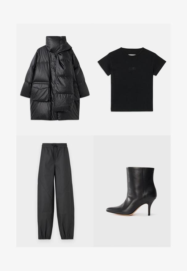 Black padded coat with high collar, large pockets, and a detachable scarf. Made of shiny, textured material with a loose-fitting design.; Black cotton T-shirt with short sleeves, round neckline, and a small graphic print in a lighter shade on the front.; Black, loose-fitting athletic pants with an elastic waistband and drawstring. Features tapered cuffs and flat seams for a smooth finish.; Black leather ankle boot with pointed toe, slim stiletto heel, and smooth texture. Minimalist design with no visible hardware or accents.