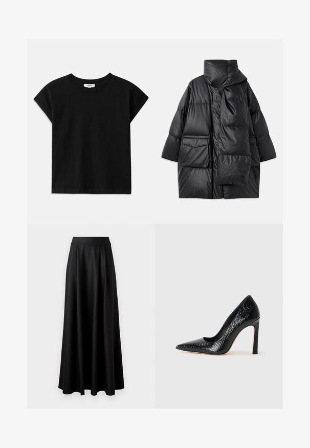 Must mustrikkidega must paks kork, millel on kõrge krae, suured taskud ja eemaldatav sall. Valmistatud läikivast, tekstuuriga materjalist, millel on vabalt langev disain.; Must musta t-särk ümmarguse kaelusega, lühikeste kapuutsiga varrukatega ja sirge lõikega. Sile tekstuur, minimalistikud detailid.; Mustmust pikk, must seelik, millel on sile tekstuur, lai vöökoht ja volditud disain, ilma nähtavate mustrite või kaunistusteta.; Mustan teravaotsaga kõrge kontsaga king, millel on krokodillimustriga tekstuur, stiilne disain, kõrge stilettokonts ja sile must sisesisustus.