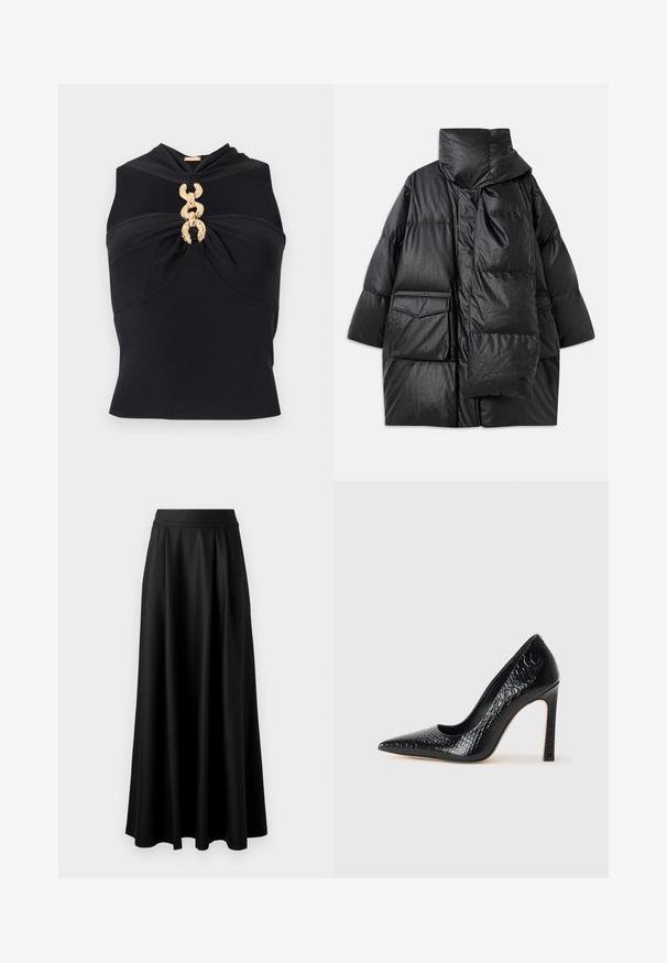 Juodas paminkštintas paltas su aukštu apykakle, didelėmis kišenėmis ir nuimama šaliku. Pagamintas iš blizgaus, tekstūruoto audinio su laisva pritaikymo forma.; Juodas be rankovių viršus su sukaustytu priekyje, turintis auksinį grandinės akcentą centre ir banguotą tekstūrą visame paviršiuje.; Juoda, iki žemės tiesi sijonas su lygiu paviršiumi, plačiu juosmeniu ir pūtimo dizainu, be matomų raštų ar puošmenų.; Juoda smailiakulnė aukšto kulno bateliai su krokodilo odos tekstūra, pasižymintys elegantišku dizainu, aukštu stiletu kulnu ir lygia juoda vidine dalimi.