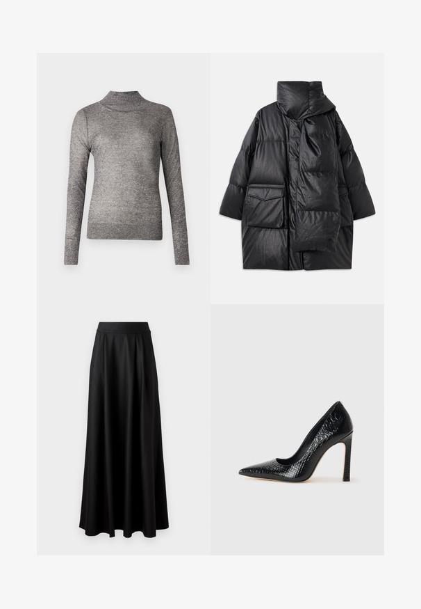 Fekete, párnázott kabát magas gallérral, nagy zsebekkel és levehető sállal. Fényes, textúrált anyagból készült, laza szabású.; Szürke garbó, hosszú ujjú, csillogó kötött anyagból készült. Fitt szabású és bordázott gallérral rendelkezik.; Fekete, földig érő szoknya sima textúrával, széles derékrésszel és plisszézett dizájnnal, látható minták vagy díszítések nélkül.; Fekete hegyes orrú magassarkú cipő krokodilbőr textúrával, letisztult dizájnnal, magas tűsarkú és sima fekete belső résszel.