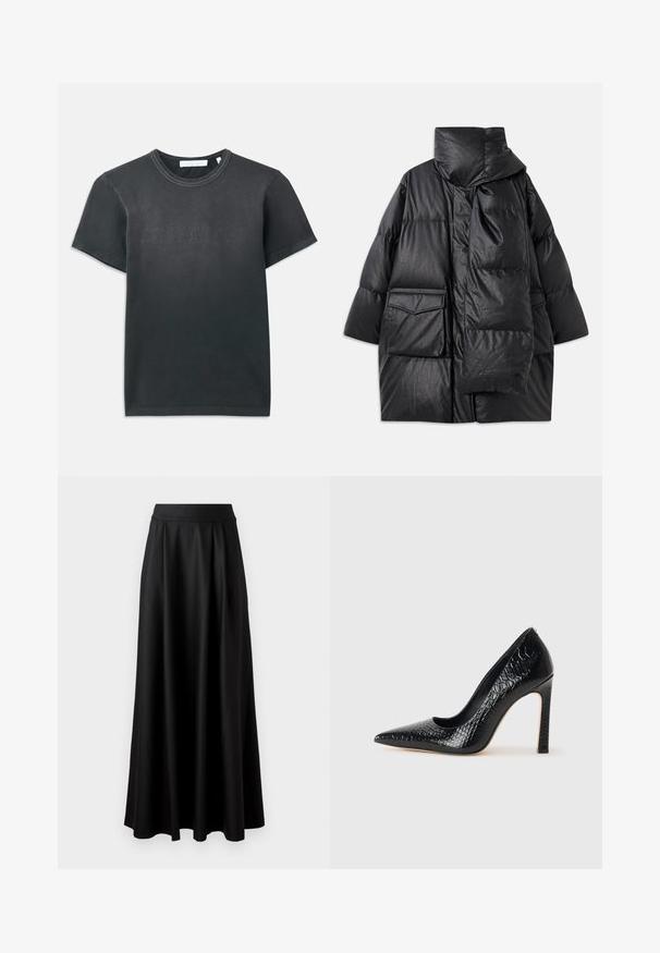 Črn podložen plašč z visokim ovratnikom, velikimi žepi in snemljivo ruto. Narejen iz sijočega, teksturiranega materiala z ohlapno zasnovo.; Črna bombažna majica s kratkimi rokavi, ki ima rebrast krožni ovratnik in vtisnjen logotip "HELMUT LANG" spredaj. Gladka tekstura.; Črna, dolg krožni krilo z gladko teksturo, širokim pasom in nabranim dizajnom, brez vidnih vzorcev ali okrasnih elementov.; Črne čevlje z visoko peto in konico v obliki puščice, z teksturo krokodilje kože, ki se ponašajo s sleek oblikovanjem, visokim stiletto peto in gladkim črnim notranjostjo.
