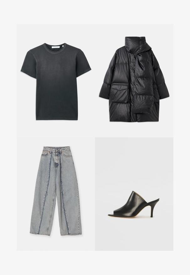 Must mustrikkidega must paks kork, millel on kõrge krae, suured taskud ja eemaldatav sall. Valmistatud läikivast, tekstuuriga materjalist, millel on vabalt langev disain.; Must t-särk lühikeste varrukatega, musta värvi, millel on soonikuga ümmargune kaelus ja reliefne "HELMUT LANG" logo ees. Sujuv tekstuur.; Heledad sinine laiem jalgadega teksad, millel on friteeritud servad, kõrge vöökoht ja kontrastsed õmblused. Valmistatud denimist, näidates lahedat sobivust ja minimaalset kulumist.; Must musta avatud varbaga king, millel on sujuv ja kumer disain, kõrge stilettokõrgus ja sile tekstuur. Siseosa on kontrastse heleda värviga.