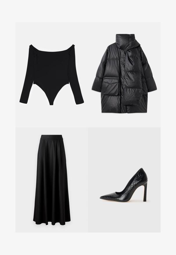 Schwarze gepolsterte Jacke mit hohem Kragen, großen Taschen und einem abnehmbaren Schal. Hergestellt aus glänzendem, strukturiertem Material mit einem lockeren Schnitt.; Schwarzer langärmeliger Bodysuit mit schulterfreiem Ausschnitt, glatter Textur und hohem Beinausschnitt mit seitlichen Raffungen.; Schwarzer, bodenlanger Rock mit glatter Textur, weitem Bund und plissiertem Design, ohne sichtbare Muster oder Verzierungen.; Schwarzer, spitz zulaufender High Heel mit Krokodilleder-Struktur, elegantem Design, hohem Stiletto-Absatz und glattem schwarzen Innenraum.