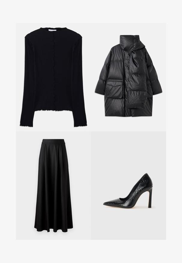 Fekete, párnázott kabát magas gallérral, nagy zsebekkel és levehető sállal. Fényes, textúrált anyagból készült, laza szabású.; Fekete, hosszú ujjú felső puha anyagból. Süllesztett nyakkivágással és szegéllyel rendelkezik, egységes, testhez simuló fazon. Nincsenek további díszítések.; Fekete, földig érő szoknya sima textúrával, széles derékrésszel és plisszézett dizájnnal, látható minták vagy díszítések nélkül.; Fekete hegyes orrú magassarkú cipő krokodilbőr textúrával, letisztult dizájnnal, magas tűsarkú és sima fekete belső résszel.