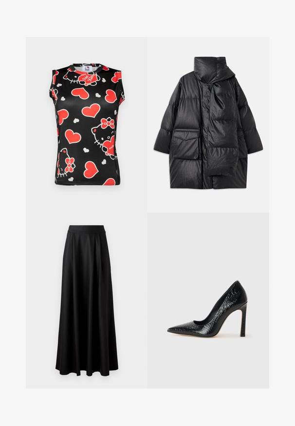 Musta vuorattu takki korkealla kauluksella, suurilla taskuilla ja irrotettavalla huivilla. Valmistettu kiiltävästä, tekstuurista materiaalista, jossa on väljä istuvuus.; Musta hihaton toppi, jossa on värikäs kuvio Hello Kitty -kasvoista ja punaisista sydämistä. Valmistettu sileästä kankaasta ja pyöreästä kaula-aukosta.; Mustat, lattiapituinen hame, jossa on sileä pinta, leveä vyötäröosa ja plissoitu muotoilu, ilman näkyviä kuvioita tai koristeita.; Musta kapea nilkkakorkokenkä krokotiilin nahkakuviolla, joka on varustettu tyylikkäällä muotoilulla, korkealla stiletto-korkealla ja sileällä mustalla sisäosalla.