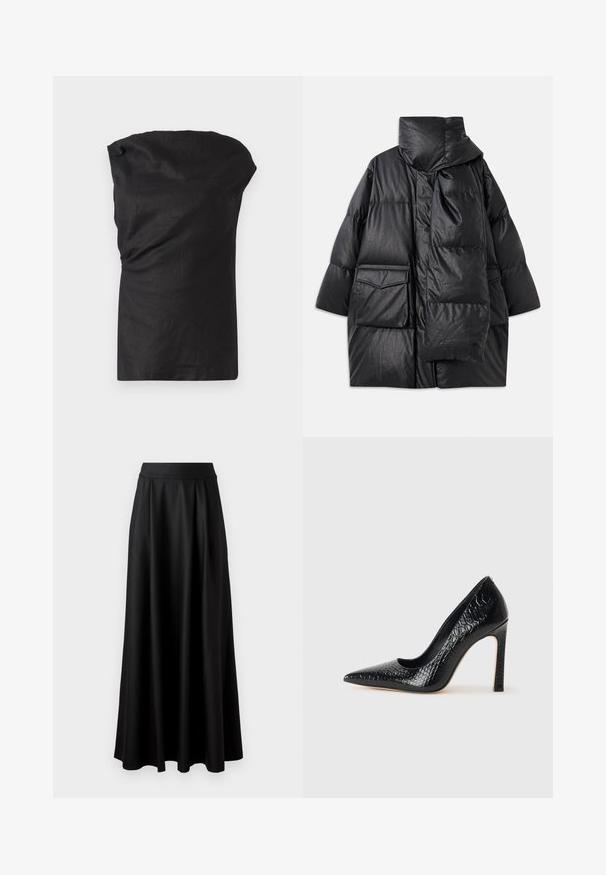 Czarna pikowana kurtka z wysokim kołnierzem, dużymi kieszeniami i odpinanym szalikiem. Wykonana z błyszczącego, strukturalnego materiału o luźnym kroju.; Czarny bezrękawnik z lekkiej, teksturowanej tkaniny. Posiada zwisający dekolt oraz luźny krój z prostym dołem.; Czarna spódnica do ziemi o gładkiej fakturze, szerokim pasie i plisowanym wzorze, bez widocznych wzorów czy ozdób.; Czarne szpilki z ostrym noskiem, pokryte teksturą skóry krokodyla, charakteryzujące się eleganckim wzornictwem, wysokim obcasem w stylu stiletto oraz gładkim czarnym wnętrzem.