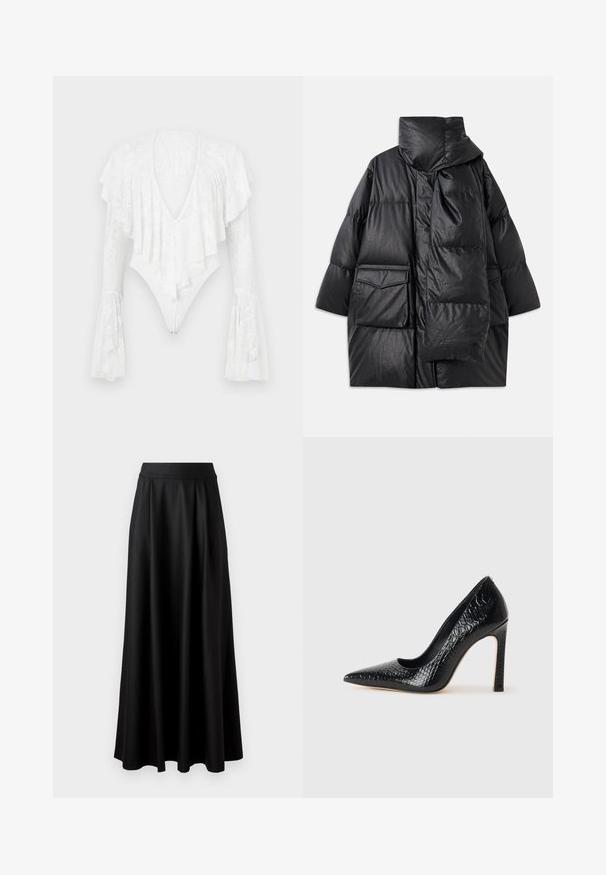 Zwarte gewatteerde jas met hoge kraag, grote zakken en een afneembare sjaal. Gemaakt van glanzend, gestructureerd materiaal met een losse pasvorm.; Witte kanten bodysuit met een diepe V-hals, geruite schouders en wijde mouwen. De stof heeft een bloemenpatroon en een aangesloten model.; Zwarte rok tot op de vloer met een gladde textuur, brede tailleband en geplooid ontwerp, zonder zichtbare patronen of versieringen.; Zwarte puntige hoge hak schoen met een krokodillenleren textuur, met een slank ontwerp, hoge stiletto-hak, en een gladde zwarte binnenkant.