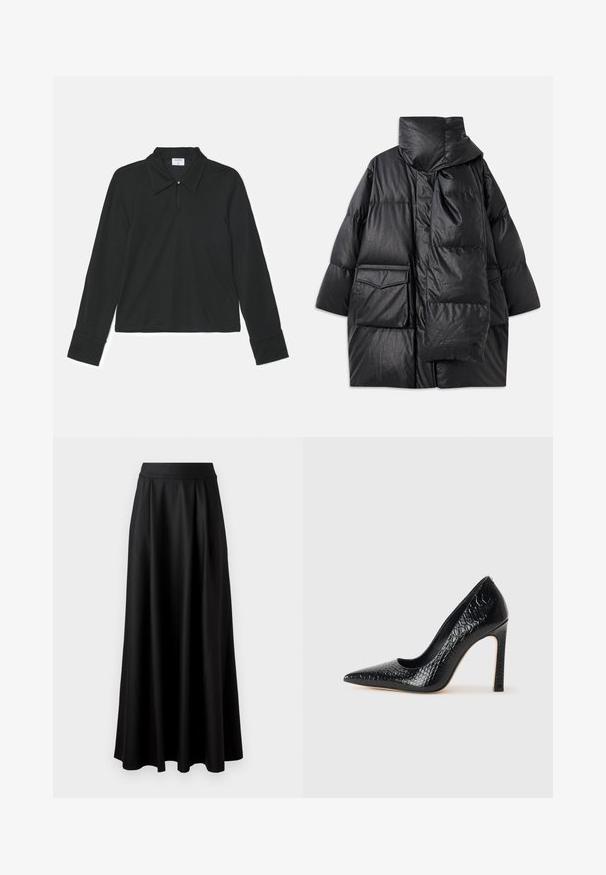 Musta vuorattu takki korkealla kauluksella, suurilla taskuilla ja irrotettavalla huivilla. Valmistettu kiiltävästä, tekstuurista materiaalista, jossa on väljä istuvuus.; Mustassa pitkähihaisessa poolopaidassa on kaulus, kaulassa nappi ja tiukat hihansuut. Pehmeä kangas, jonka pinta on sileä.; Mustat, lattiapituinen hame, jossa on sileä pinta, leveä vyötäröosa ja plissoitu muotoilu, ilman näkyviä kuvioita tai koristeita.; Musta kapea nilkkakorkokenkä krokotiilin nahkakuviolla, joka on varustettu tyylikkäällä muotoilulla, korkealla stiletto-korkealla ja sileällä mustalla sisäosalla.